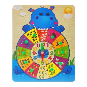 Деревянная игрушка Часы MD 2036 животные, рамка-вкладыш  (Бегемот)