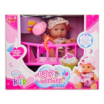 Кукла Пупс музыкальный 210-C в кроватке, бутылочка (Оранжевый)