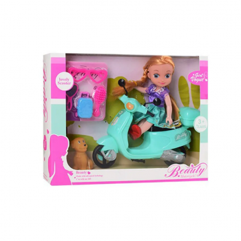 Кукла на мопеде , в коробке 925- (Кукла 925-63(Turquoise) 15см, мопед,животное,очки,расческа,чемодан, в кор-ке, 29-22-5,5см)
