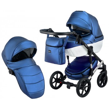 Коляска 2 в 1 Bair Star White (Silver) шкіра 100% 38S темно-синій перламутр) - біла люлька