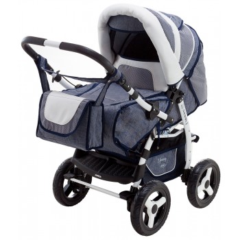 Коляска трансформер Adamex Young  белая (кожа) - бело-синие квадраты - синий